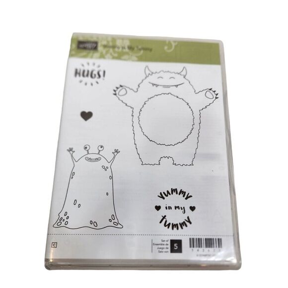 Stampin' Up! YUMMY IN MY TUMMY Rubber Cling Stamp Set of 5 Monster Alien Hugs - Picture 1 of 4